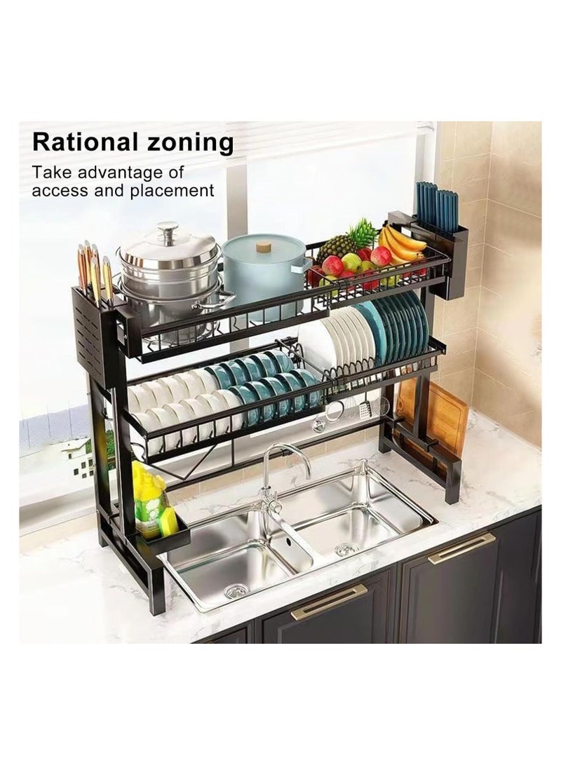BLOOMING TIME Double-layer plate, chopsticks drain rack, plate drainer, carbon steel plate rack, sink organizer, stand shelf for kitchen counter organizer storage, with tableware rack, hook, drain rack for large kitchen, black - Image 2