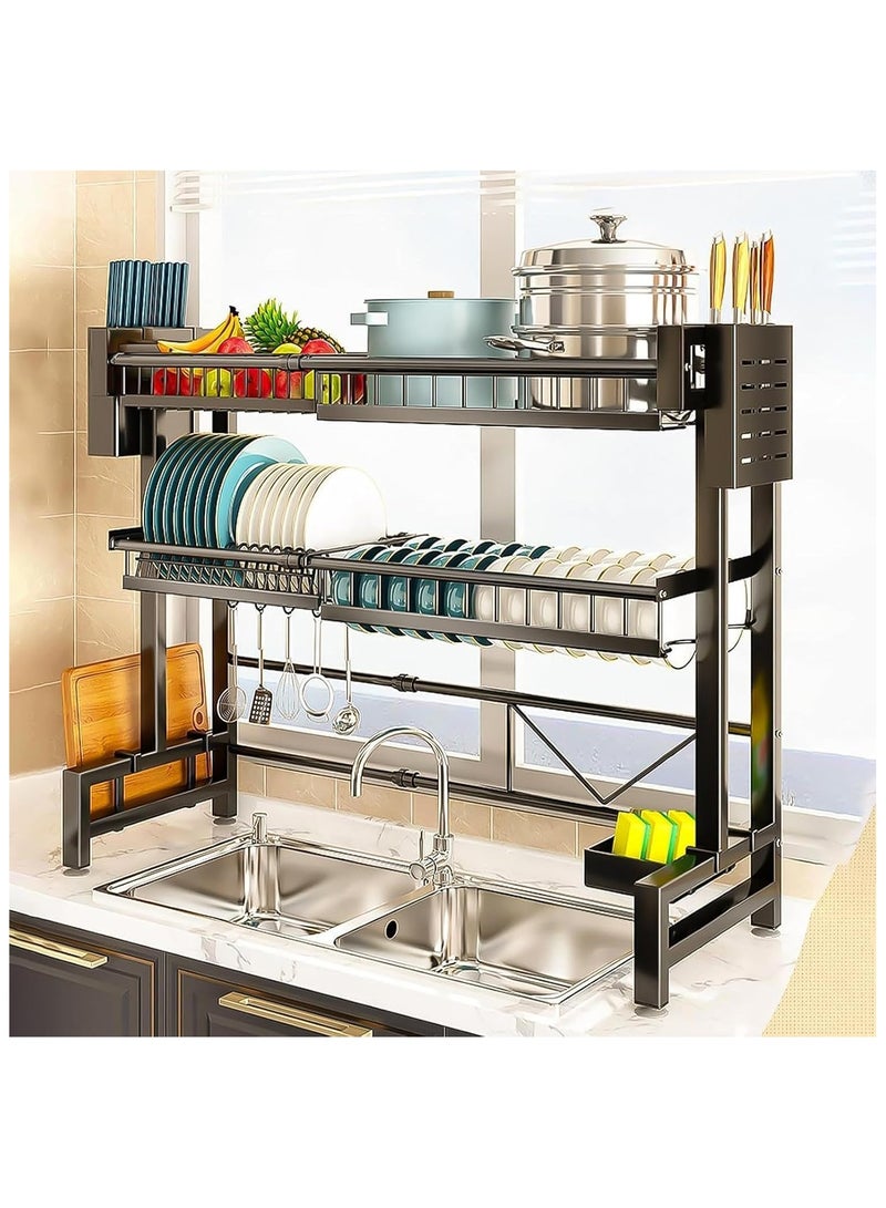 BLOOMING TIME Double-layer plate, chopsticks drain rack, plate drainer, carbon steel plate rack, sink organizer, stand shelf for kitchen counter organizer storage, with tableware rack, hook, drain rack for large kitchen, black - Image 1