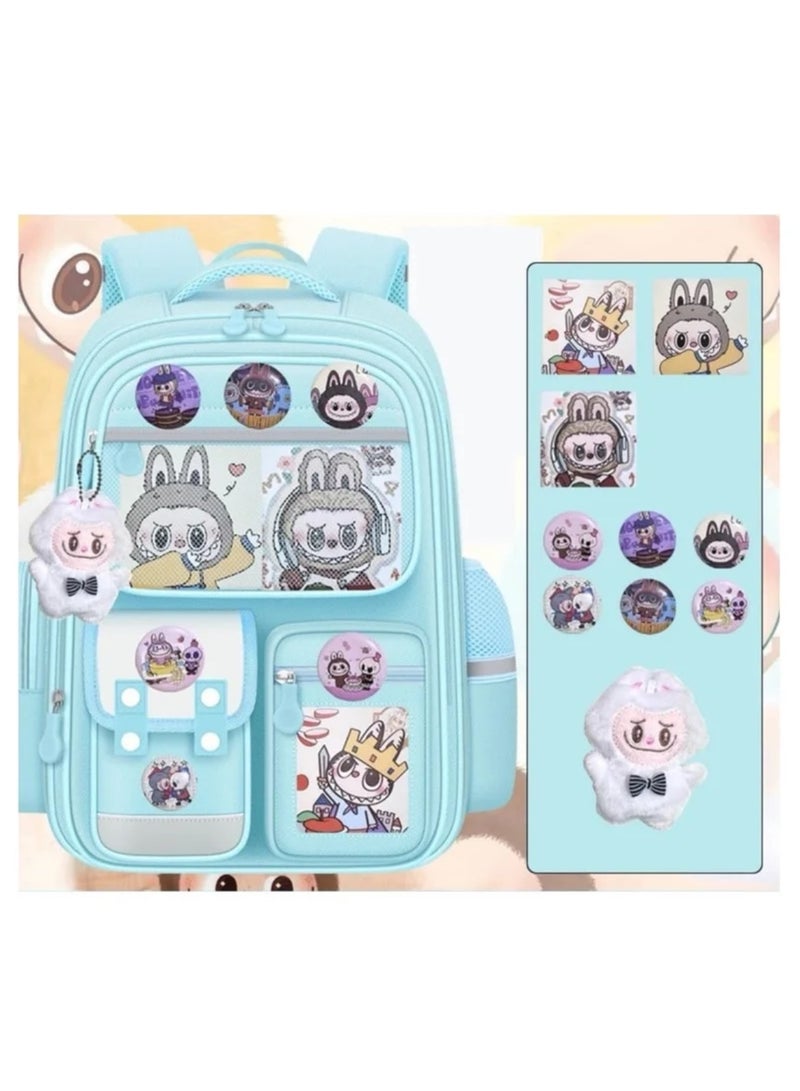 لابوبو Labubu Elementary School Girl Large Capacity Ultra-light School Bag Large Size 42*30*20CM (Card + Badge + Stuffed doll)
