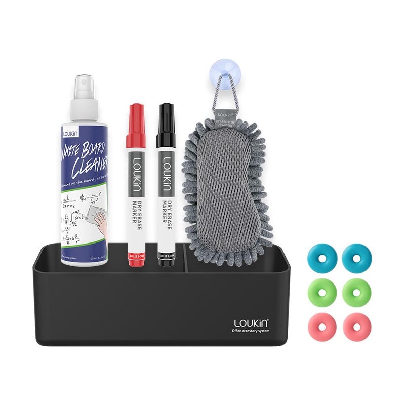LOUKin Magnetic and Adhesive Marker Holder, Dry Erase Accessory Tray Set (Includes 1 Eraser, 1 Cleaner, 2 Dry Erase Markers and 6 Magnets), Ideal for Office, School or Home Use. - Image 1