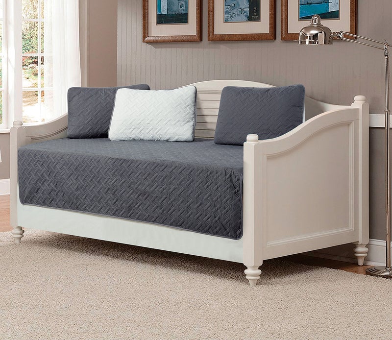 MK Home Mk Collection 5pc Modern Bedspread DayBed Solid Embossed Charcoal/Silver New - Image 3
