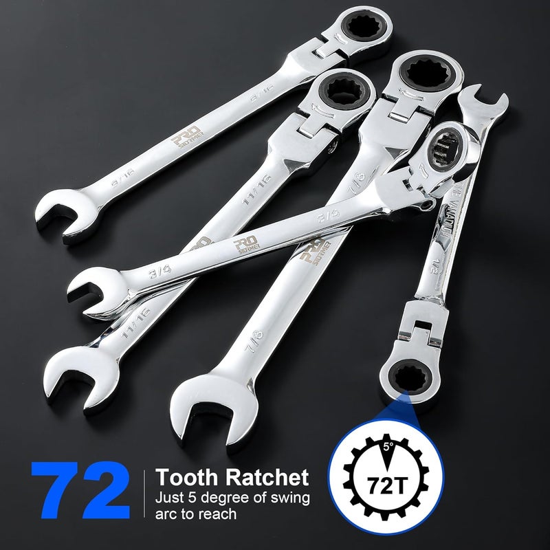 Prostormer 14-Piece SAE Flex-Head Ratcheting Wrench Set, 1/4" to 1" Combination Wrench Kit with Storage Case, 72 Tooth, Cr-V Steel Constructed - Image 5