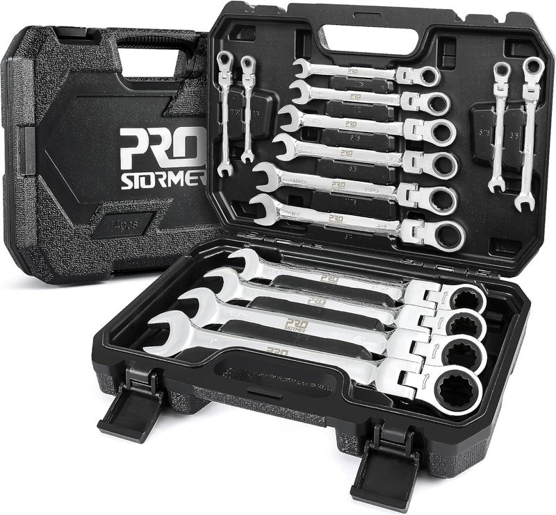 Prostormer 14-Piece SAE Flex-Head Ratcheting Wrench Set, 1/4" to 1" Combination Wrench Kit with Storage Case, 72 Tooth, Cr-V Steel Constructed - Image 1