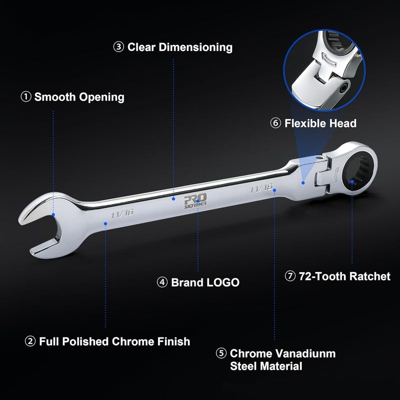 Prostormer 14-Piece SAE Flex-Head Ratcheting Wrench Set, 1/4" to 1" Combination Wrench Kit with Storage Case, 72 Tooth, Cr-V Steel Constructed - Image 3