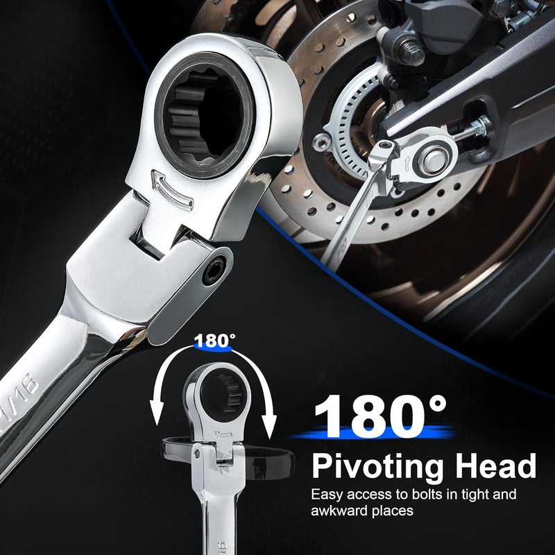 Prostormer 14-Piece SAE Flex-Head Ratcheting Wrench Set, 1/4" to 1" Combination Wrench Kit with Storage Case, 72 Tooth, Cr-V Steel Constructed - Image 4