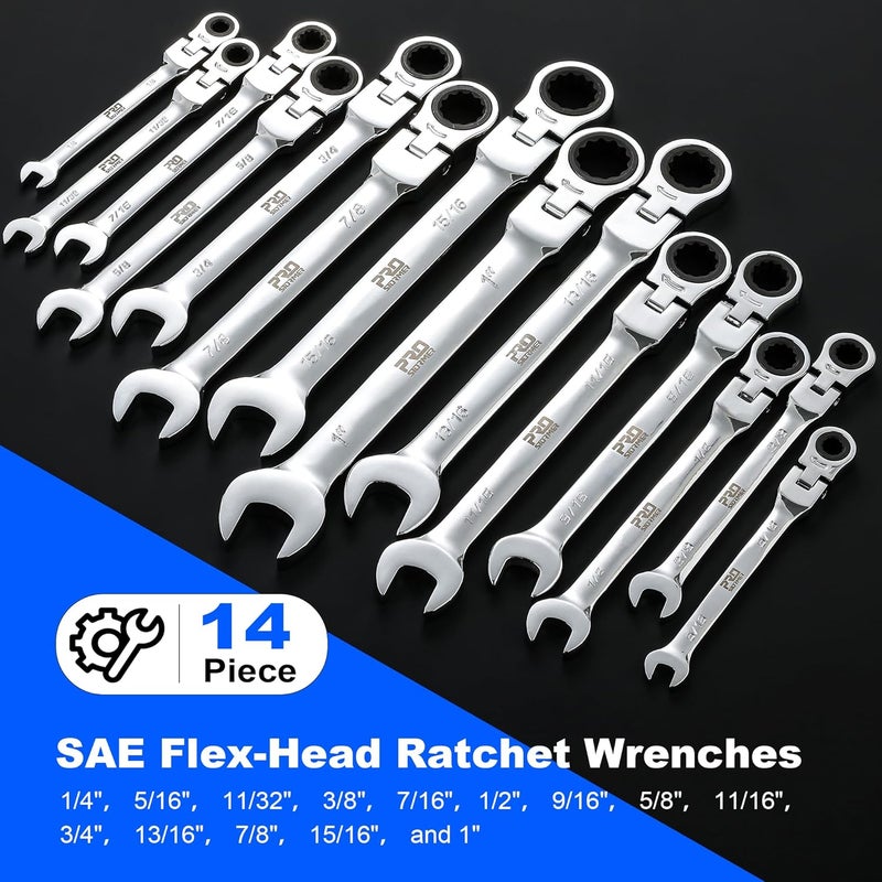 Prostormer 14-Piece SAE Flex-Head Ratcheting Wrench Set, 1/4" to 1" Combination Wrench Kit with Storage Case, 72 Tooth, Cr-V Steel Constructed - Image 2