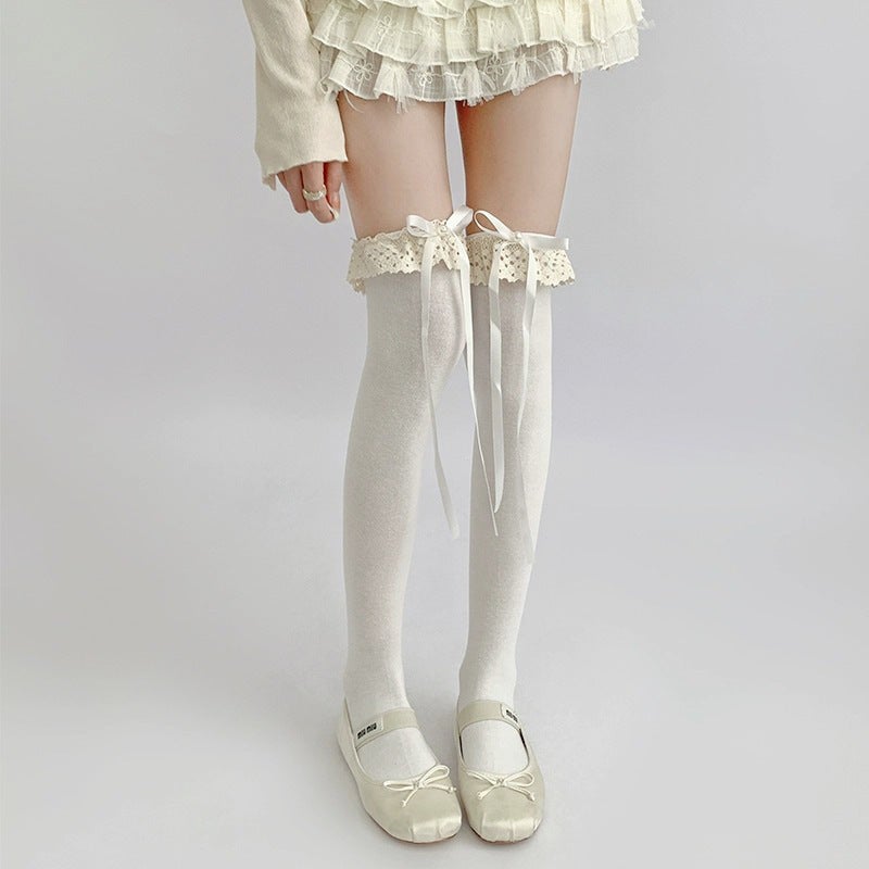 Autumn 2025 White Over-The-Knee Socks Cotton Bow Strap Leg Cover Sweet Japanese Jk Lolita Lace Lace - Image 3
