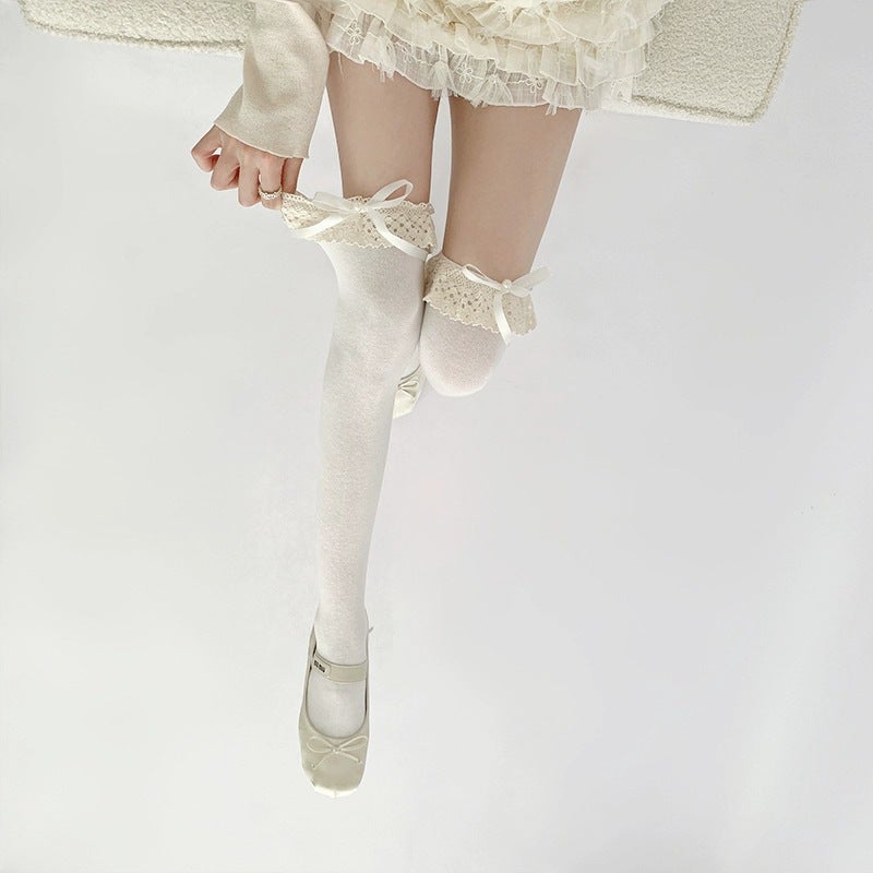 Autumn 2025 White Over-The-Knee Socks Cotton Bow Strap Leg Cover Sweet Japanese Jk Lolita Lace Lace - Image 5
