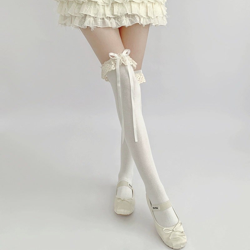 Autumn 2025 White Over-The-Knee Socks Cotton Bow Strap Leg Cover Sweet Japanese Jk Lolita Lace Lace - Image 4