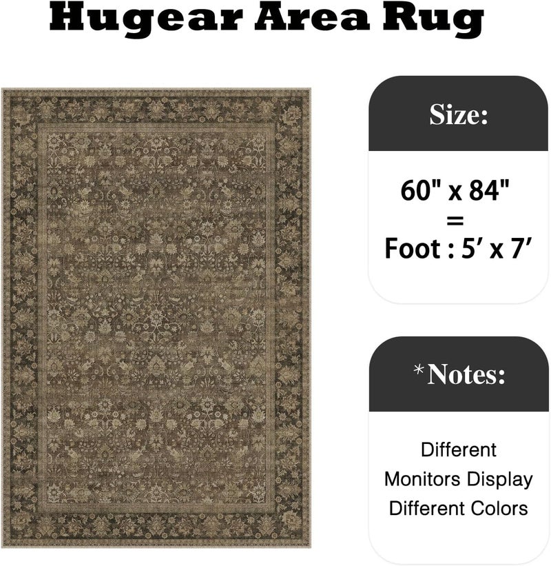 HUGEAR 5x7 Indoor/Outdoor Rug Brown Linen-Look Fabric Vintage Area Rug High Traffic Stain Resistant Easy Clean Durable Rugs for Living Kitchen Patio Deck Balcony Porch Garden Courtyard - Image 2