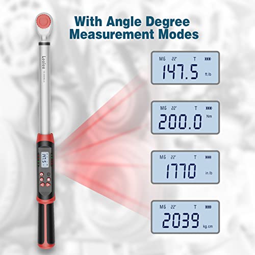 Leolee 1/2-Inch Drive Digital Torque Wrench with Angle, 7.38-147.5 Ft-Lb/10-200 Nm Electronic Torque Wrench with Preset Value, Data Storage, Buzzer, LED Flash Notification for Motorcycle, Car - Image 3