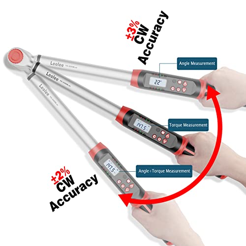Leolee 1/2-Inch Drive Digital Torque Wrench with Angle, 7.38-147.5 Ft-Lb/10-200 Nm Electronic Torque Wrench with Preset Value, Data Storage, Buzzer, LED Flash Notification for Motorcycle, Car - Image 2