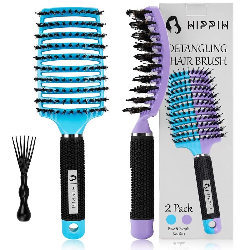 Boar Bristle Hair Brush 2 Pack HIPPIH Wet  Dry No Pull Curved Vented Hair Brush Styling Voremy Magical Brush Detangler for Kids  Men Hairbrush for Women Can Adds Shine  Smooth Curly Thick Hair