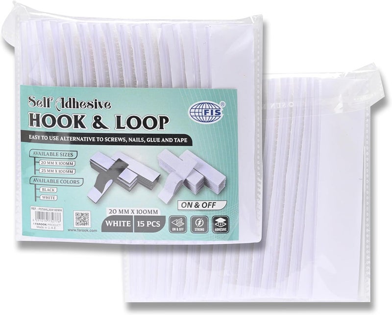 FIS Hook & Loop Tape Pads 20x100mm Rectangle, White, Pack of 15 – Self Adhesive Fastener Strips for Home, School & Office - Image 3