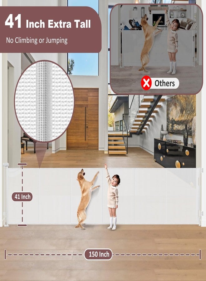 GRENFU Reinforced 41" Extra Tall Pet Gate 150" Extra Wide Retractable Baby Gate with Support Rods, Indoor Extra Long Baby Gates for Large Openings Outdoor Retractable Gate Baby Fence for Living Room, White - Image 3