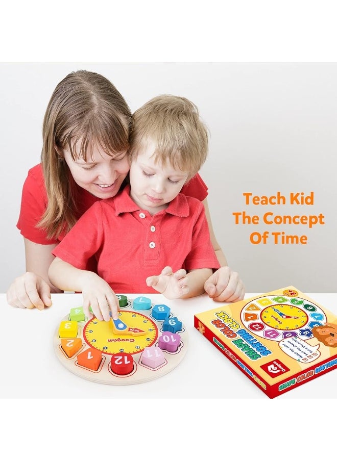 Coogam Coogam Wooden Shape Color Sorting Clock â€“ Teaching Time Number Blocks Puzzle Stacking Sorter Jigsaw Montessori Early Learning Educational Toy Gift for Year Old Kids  - Image 2