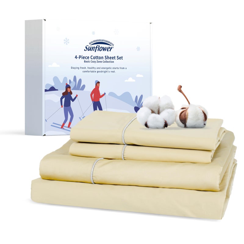 sunflower Cotton Queen Sheet Set  Queen Size Sheet Deep Pocket Fits up to 16 inches 4Piece Queen Bed Sheet with Silver Trimmed Design Luxury Hotel QualityButter Cream