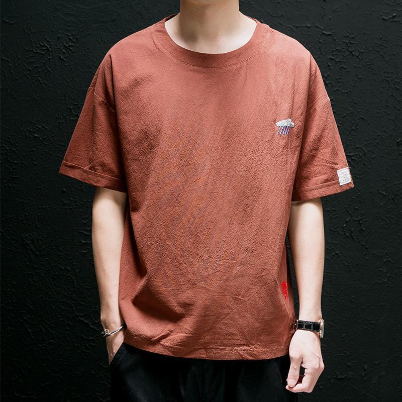 Linen T-shirt Men's Short-sleeved Chinese-style Embroidered Cotton and Linen Half-sleeved Loose Linen Top Mid-sleeved Round Neck Base Shirt - Image 3