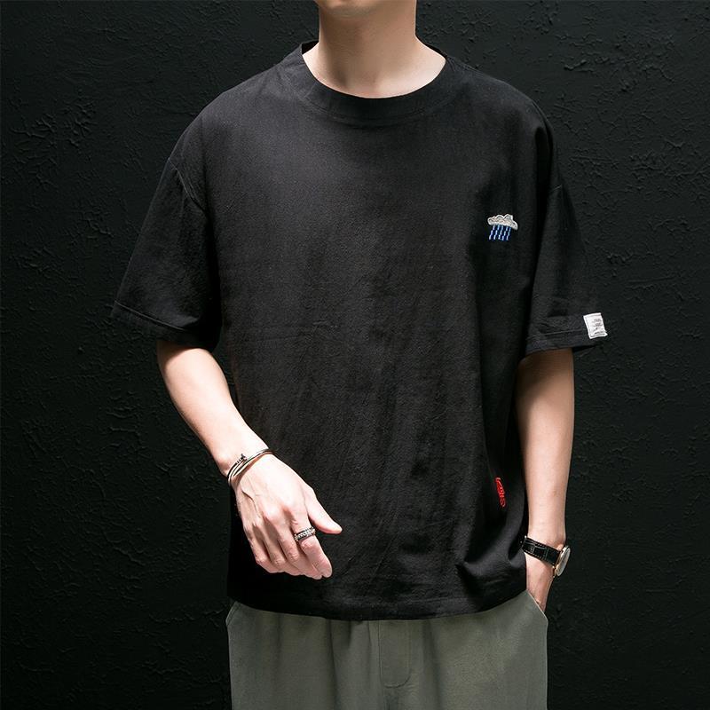 Linen T-shirt Men's Short-sleeved Chinese-style Embroidered Cotton and Linen Half-sleeved Loose Linen Top Mid-sleeved Round Neck Base Shirt - Image 4