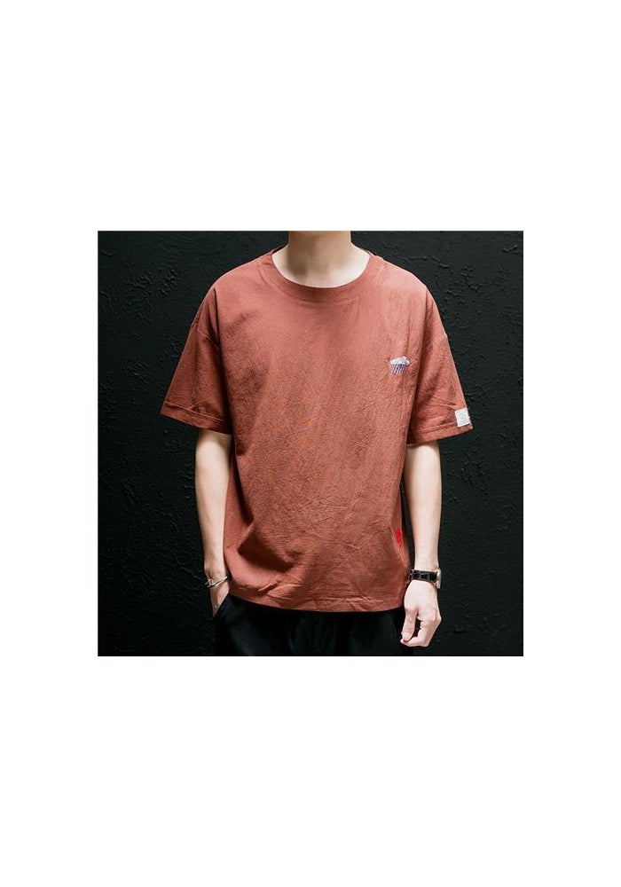Linen T-shirt Men's Short-sleeved Chinese-style Embroidered Cotton and Linen Half-sleeved Loose Linen Top Mid-sleeved Round Neck Base Shirt - Image 1