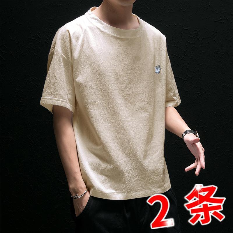 Linen T-shirt Men's Short-sleeved Chinese-style Embroidered Cotton and Linen Half-sleeved Loose Linen Top Mid-sleeved Round Neck Base Shirt - Image 5