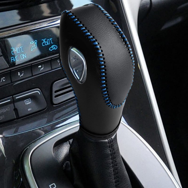 AICARS Leather Gear Shift Knob Cover Compatible with Ford Focus Escape Fusion CMax Energi Wagon Transit Fiesta 20122019 Black Leather with Blue Stitches Shifter Knob Cover Black - Image 2