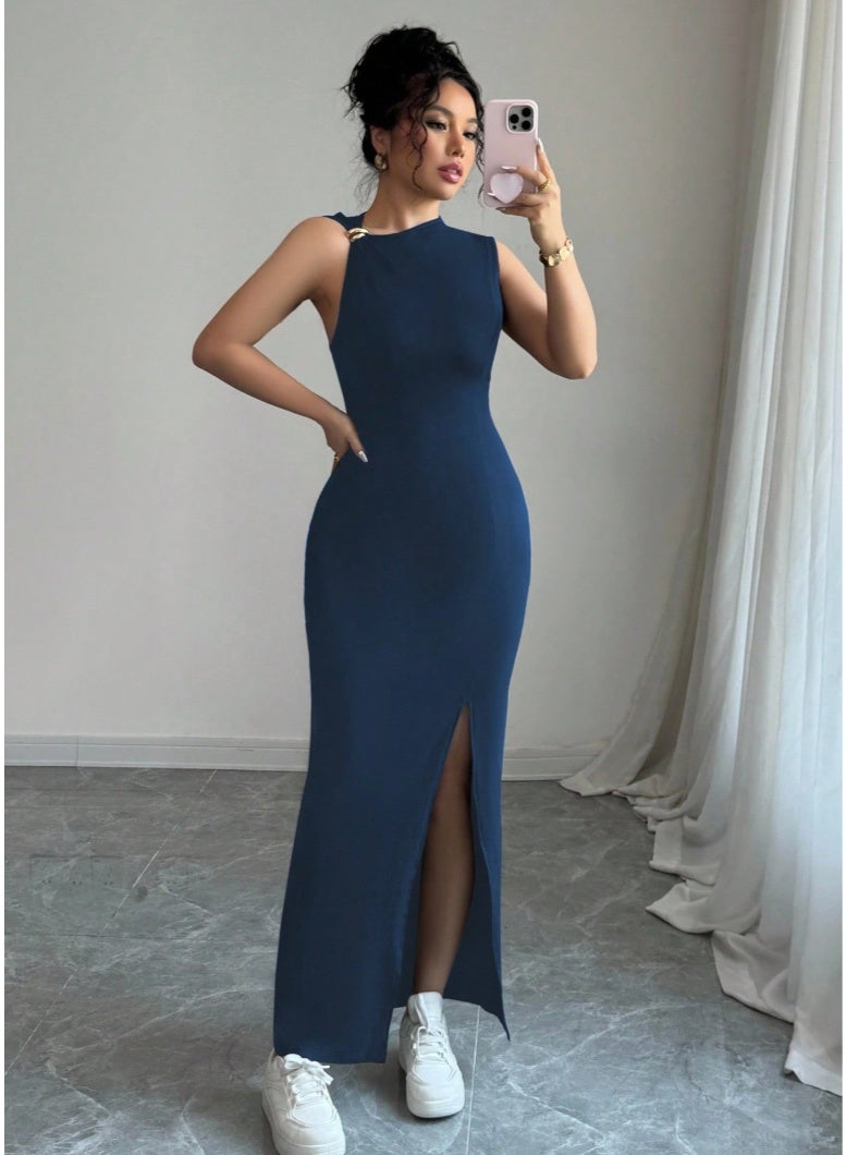 SHEINWomen's Elegant Solid Color High Slit Sleeveless Dress, - Image 4