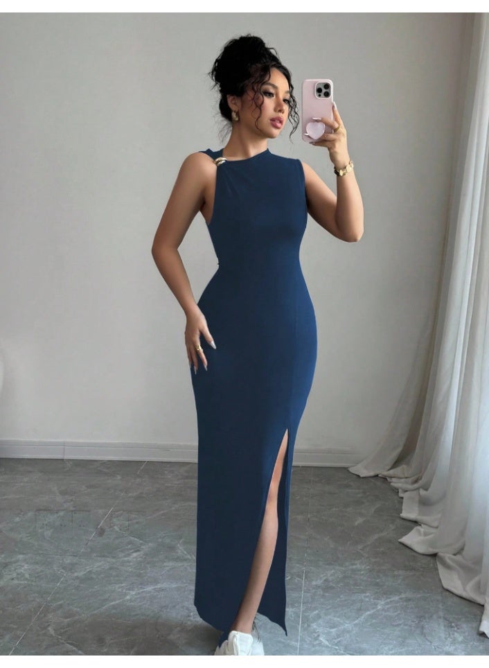 SHEINWomen's Elegant Solid Color High Slit Sleeveless Dress, - Image 1