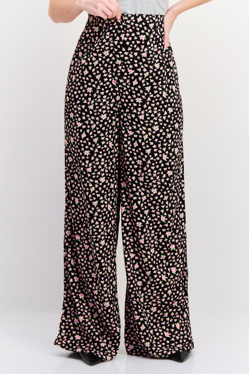 SELECTED FEMME Women Floral Print  Wide Leg Pant, Black - Image 1