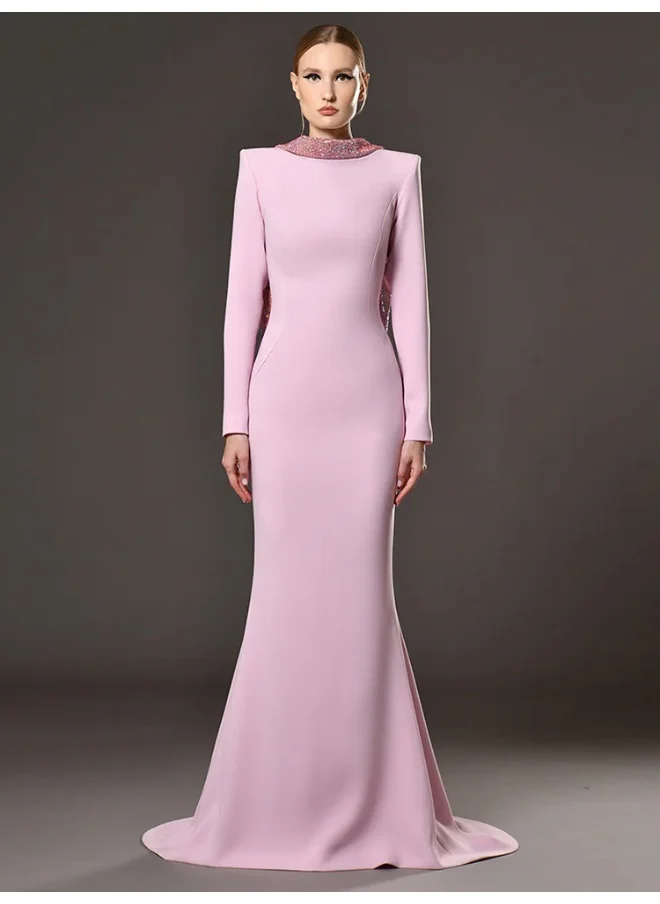 Madam Uniq Elegant Backless Long Evening Gown with 3D Floral Rhinestone Details