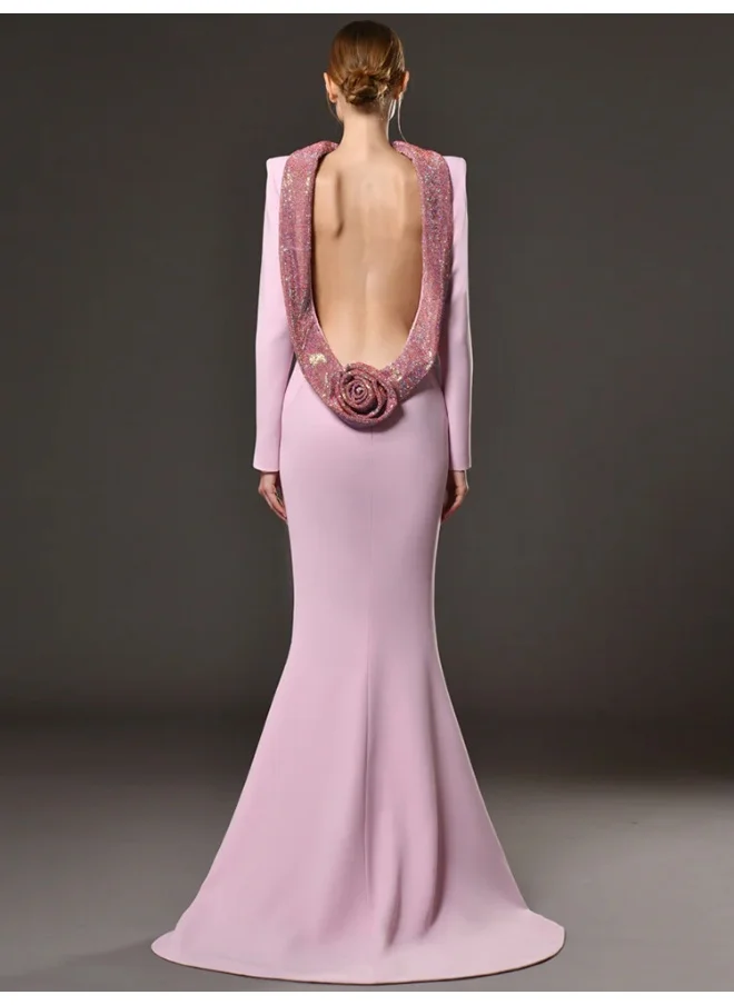 Madam Uniq Elegant Backless Long Evening Gown with 3D Floral Rhinestone Details