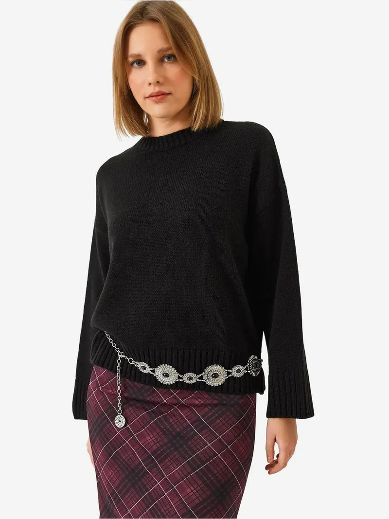 Bianco Lucci LUCCI Relaxed Fit Crew Neck Ribbed Sweater