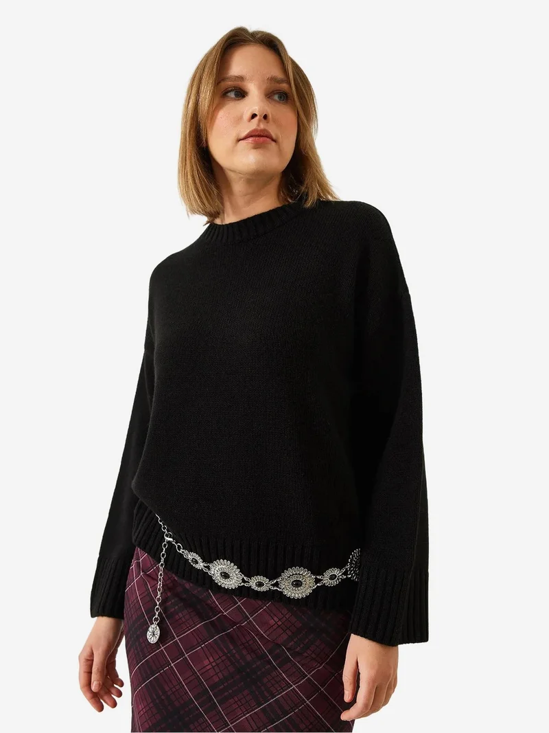 Bianco Lucci LUCCI Relaxed Fit Crew Neck Ribbed Sweater