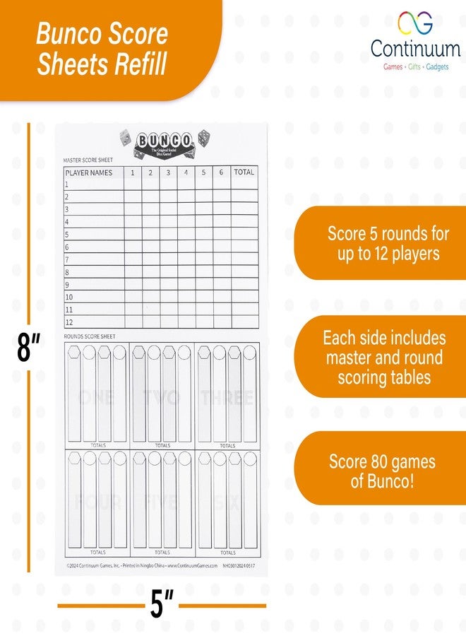 Continuum Games Bunco Score Sheets Refill, Double-Sided Sheets, Scores 6 Rounds for 12 Players Per Side, Essential for Scorekeeping Bunco Game Nights, Includes Bunco Rules, Bunco Party Supplies - Image 2