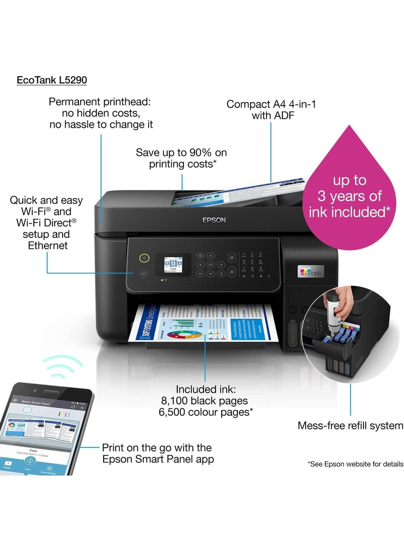 إبسوم طابعة إبسون إيكو تانك L5590 المكتبية المزودة بخزان حبر، طابعة ملونة عالية السرعة A4 متعددة الوظائف (4 في 1) مع وحدة تغذية تلقائية للمستندات، وواي فاي مباشر، وإيثرنت، مع إمكانية الاتصال عبر تطبيق SmartApp - Image 5