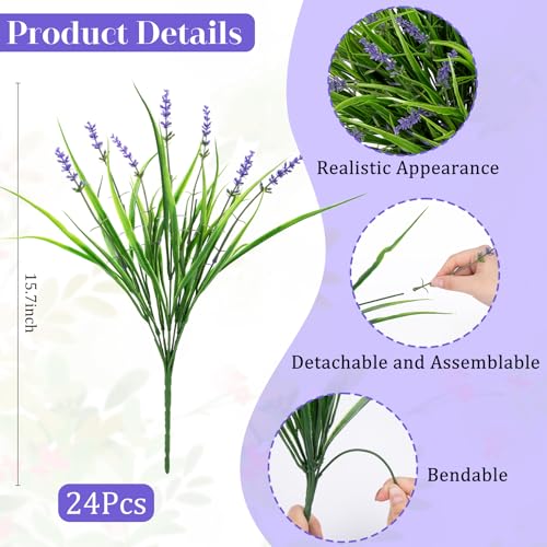 Besteek 24 Bundles Artificial Plants Flowers Outdoor Faux Lavender Flowers Fake Monkey Grass UV Resistant Plastic Plant for Porch Garden Patio Window Home Decor Purple - Image 3