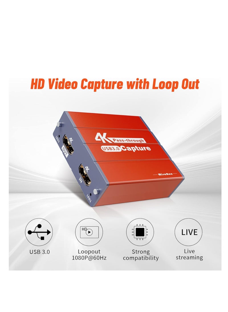 Generic - Mirabox USB3.0 4K HDMI Video Capture Card, 1080P 60FPS HD Game Capture Device Cam Link with HDMI Passthrough Work with Xbox PS5 PS4 Switch DSLR for OBS Twitch Live Streaming and Recording (Orange) - Image 1