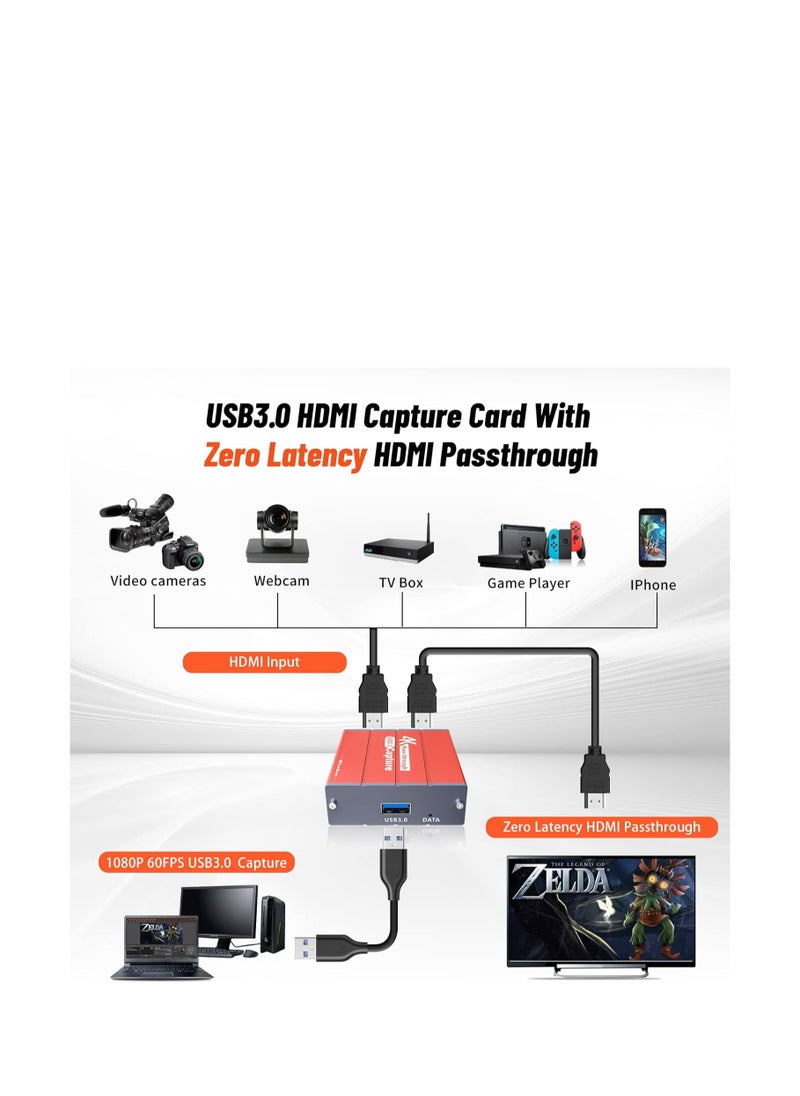 Generic - Mirabox USB3.0 4K HDMI Video Capture Card, 1080P 60FPS HD Game Capture Device Cam Link with HDMI Passthrough Work with Xbox PS5 PS4 Switch DSLR for OBS Twitch Live Streaming and Recording (Orange) - Image 1