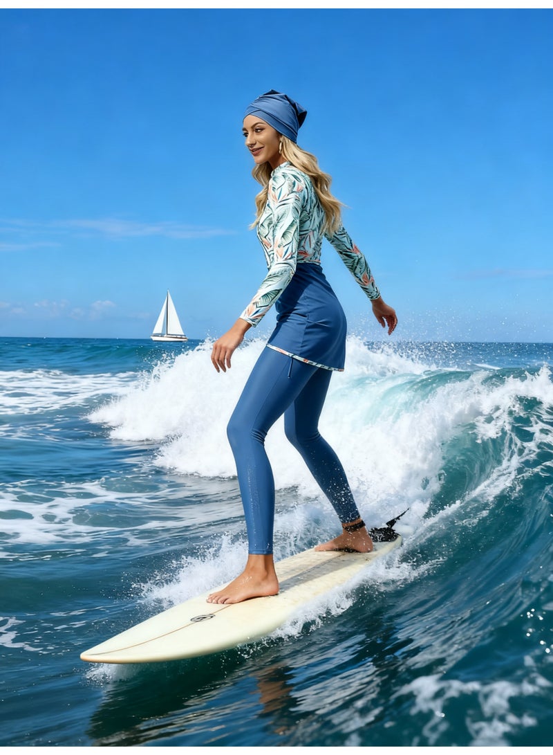 طقم بوركيني من 3 قطع بأكمام كاملة، مع بدلة سباحة أنيقة مطبوعة بأكمام طويلة، بدلة سباحة نسائية منقسمة مع حجاب، ملابس سباحة نسائية واقية من الشمس بأكمام طويلة، ملابس شاطئ، ملابس سباحة إسلامية محكمة، ملابس سباحة ضيقة لقضاء العطلات على الشاطئ، مريحة وجيدة التهوية - Image 3