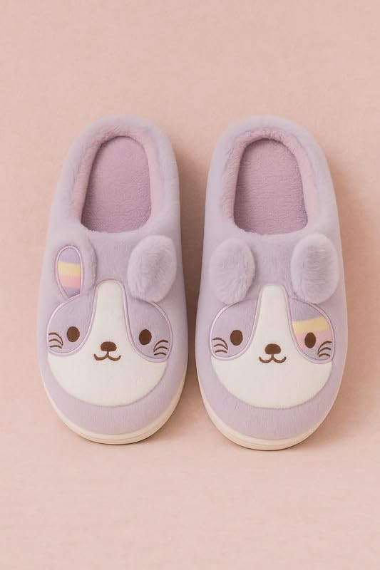 Krystle Unisex Cartoon Dog Plush Slippers for Men & Women – Winter Warm Indoor House Slippers with Soft Sole, Cute Animal Design (Purple,7UK) - Image 2