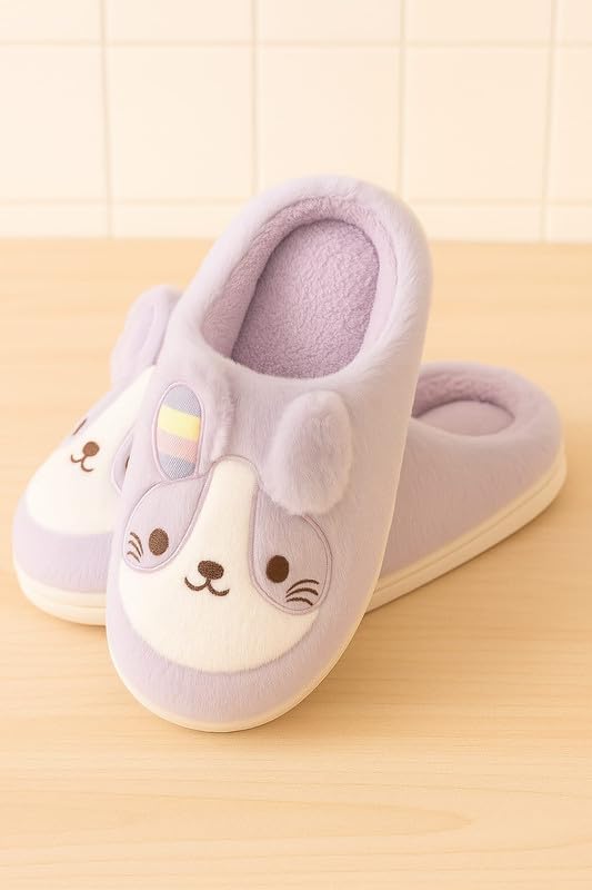 Krystle Unisex Cartoon Dog Plush Slippers for Men & Women – Winter Warm Indoor House Slippers with Soft Sole, Cute Animal Design (Purple,7UK) - Image 3