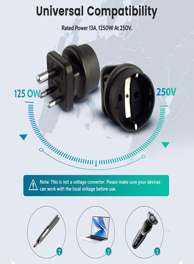 MX Schuko to India Plug Adapter 5 A - Converts European Type E/F Input to India Type D 3-Prong Output, Heavy-Duty 250 V Grounded Travel & Appliance Connector, Black - Image 5
