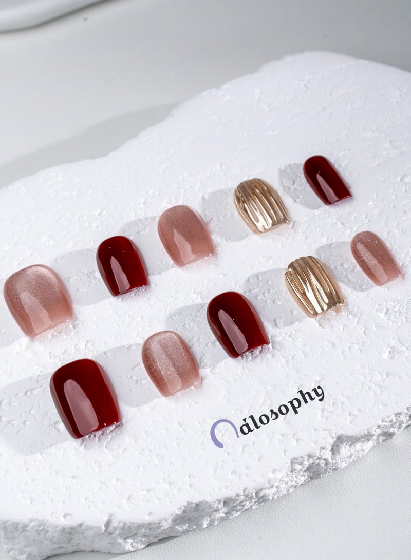 Nailosophy 10 Pcs Handmade Gel Press On Nails Short Almond Wine Red Nude Champagne Gold Chrome Reusable False Nails Nail Kit for Women Daily Wear Office Wedding Eid Special Occasions - Image 3