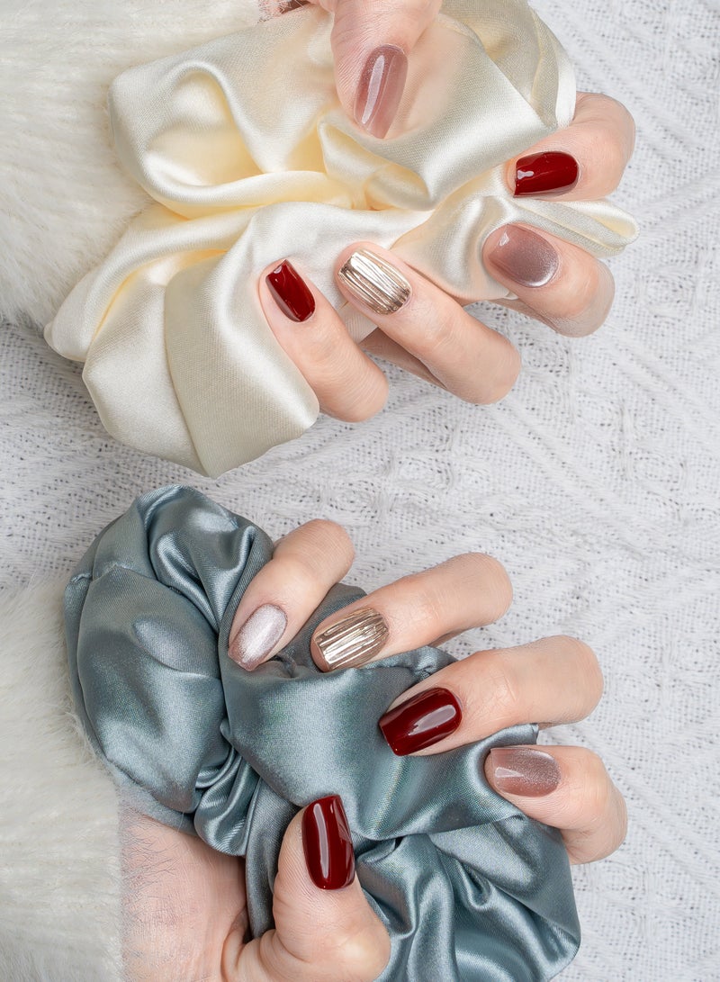Nailosophy 10 Pcs Handmade Gel Press On Nails Short Almond Wine Red Nude Champagne Gold Chrome Reusable False Nails Nail Kit for Women Daily Wear Office Wedding Eid Special Occasions - Image 4