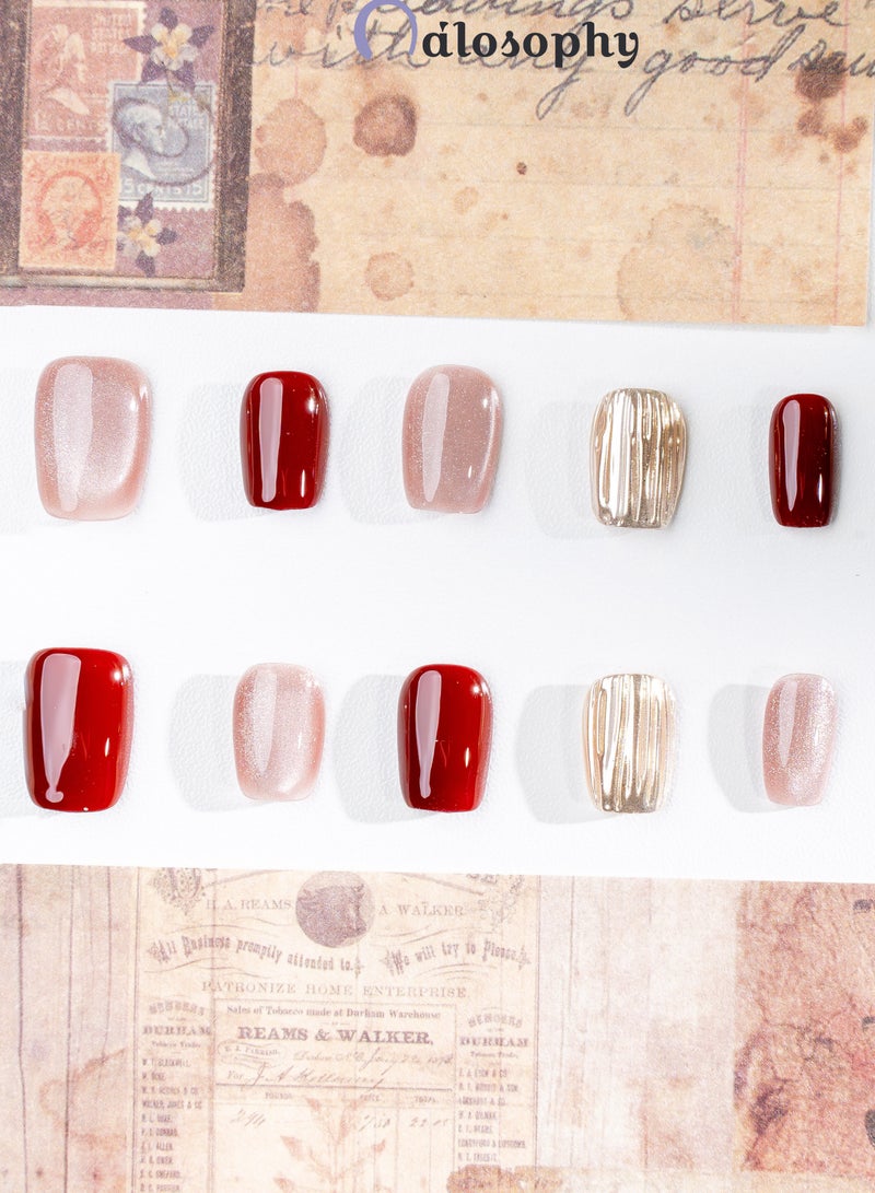 Nailosophy 10 Pcs Handmade Gel Press On Nails Short Almond Wine Red Nude Champagne Gold Chrome Reusable False Nails Nail Kit for Women Daily Wear Office Wedding Eid Special Occasions - Image 5