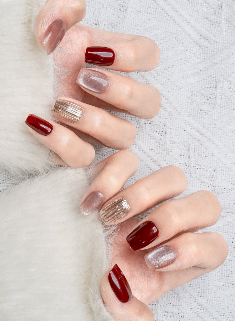 Nailosophy 10 Pcs Handmade Gel Press On Nails Short Almond Wine Red Nude Champagne Gold Chrome Reusable False Nails Nail Kit for Women Daily Wear Office Wedding Eid Special Occasions - Image 2