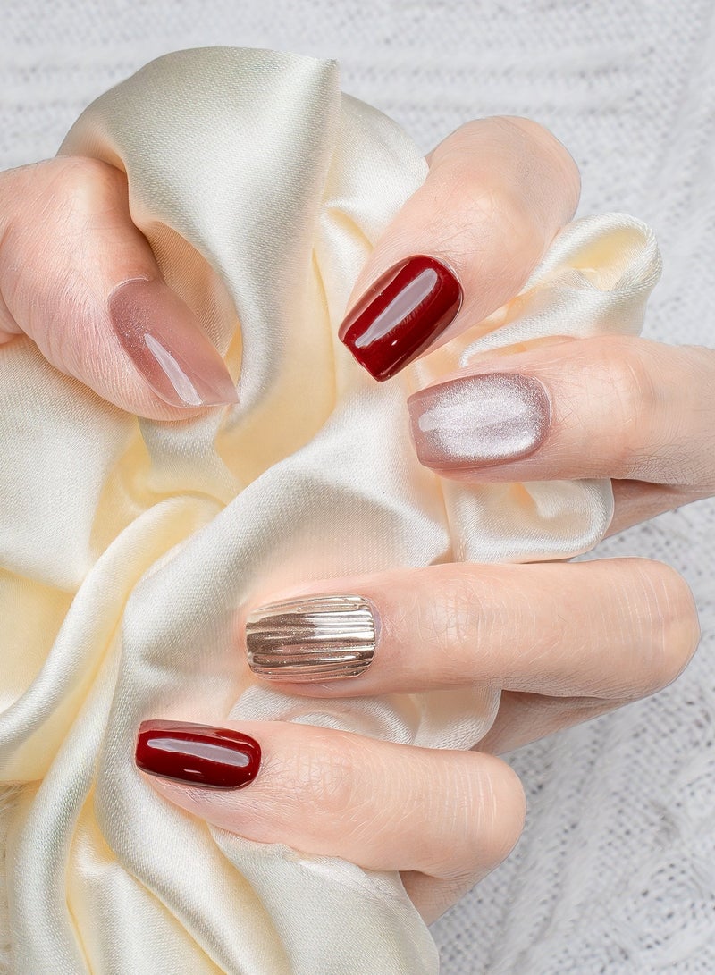 Nailosophy 10 Pcs Handmade Gel Press On Nails Short Almond Wine Red Nude Champagne Gold Chrome Reusable False Nails Nail Kit for Women Daily Wear Office Wedding Eid Special Occasions - Image 1
