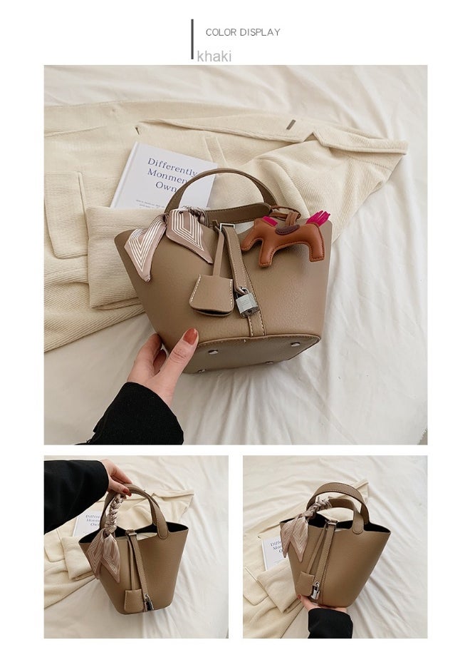 NIBEMINENT - Patchwork Pendant Decor Simple Design Satchel Bag Include Pony Pendant and Silk Scarf - Image 1