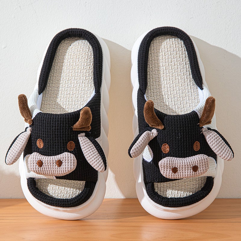 Cute Cartoon Cow Linen Slippers Womens Thick Bottom Home Suction Couples Indoor Non-Slip Four Seasons Universal Slippers for Men black cow