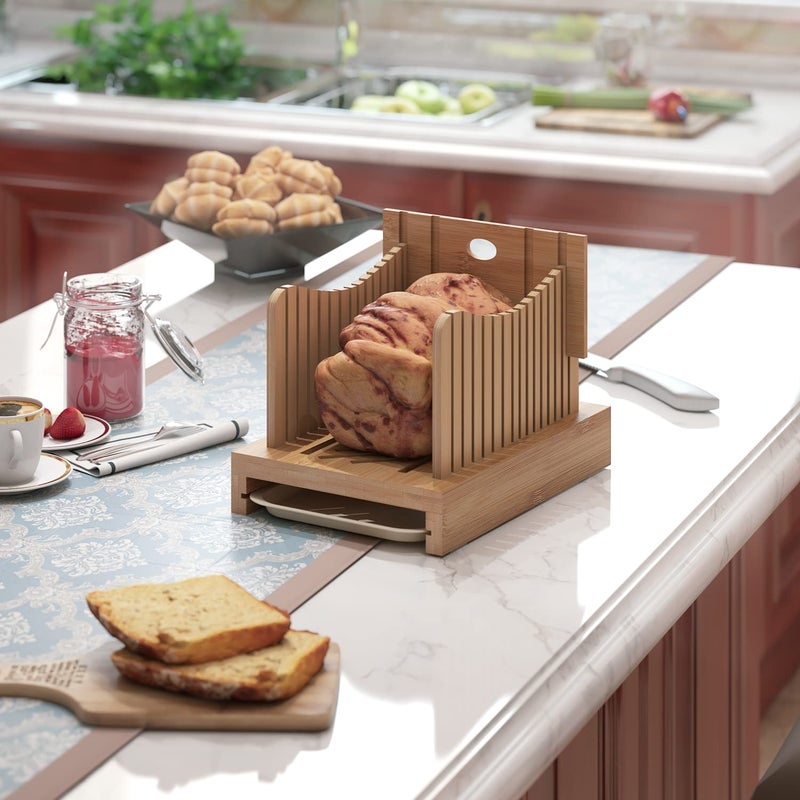 Vriccc Bamboo Bread Slicer for Homemade Bread,Adjustable Width Bread Slicing Guides. Sturdy Wooden Bread Cutting Board. Makes Cutting Bagels or Even Bread Slices Easy Natural - Image 4